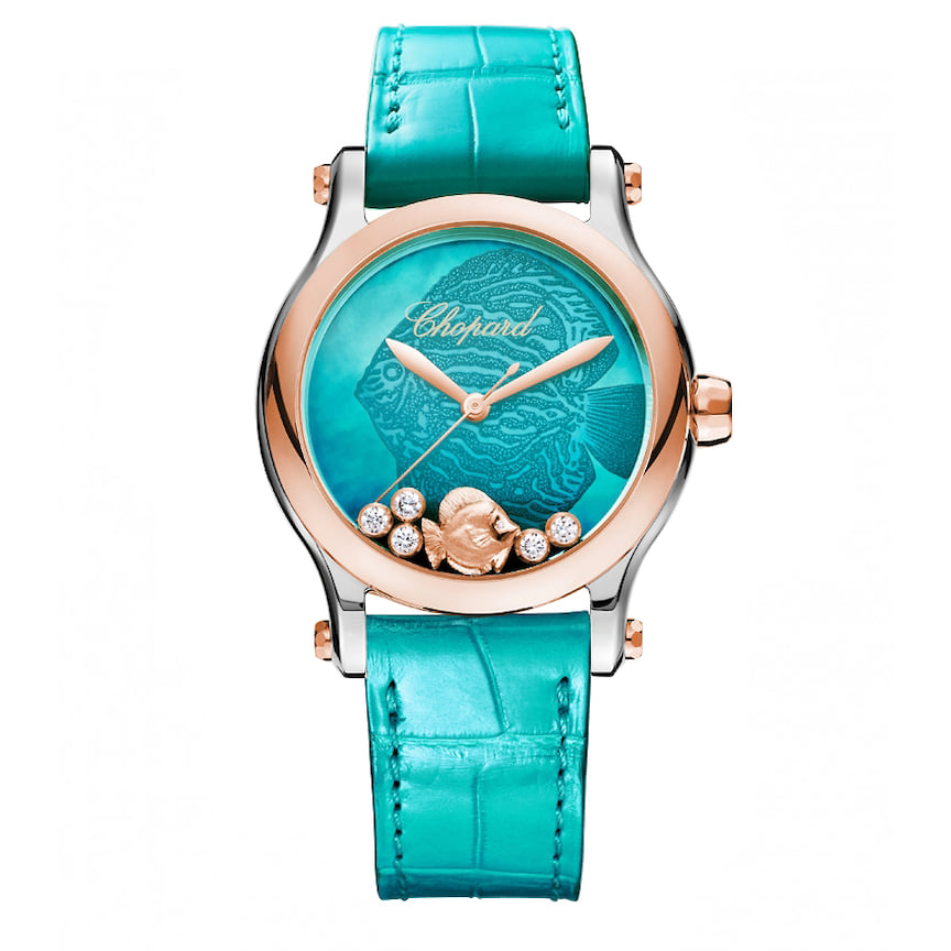 Chopard, часы Happy Fish, 36 мм, сталь, розовое золото, бриллианты, механизм с автоматическим подзаводом