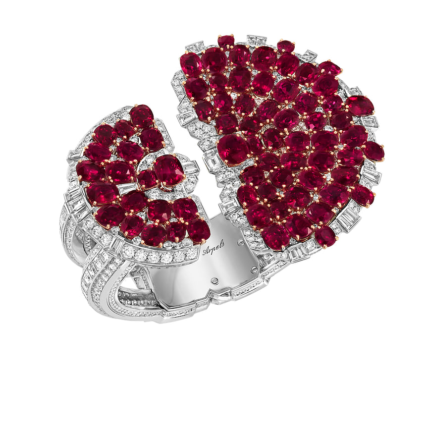 Van Cleef &amp; Arpels, браслет Rubis en Scene, белое и розовое золото, платина, рубины, бриллианты