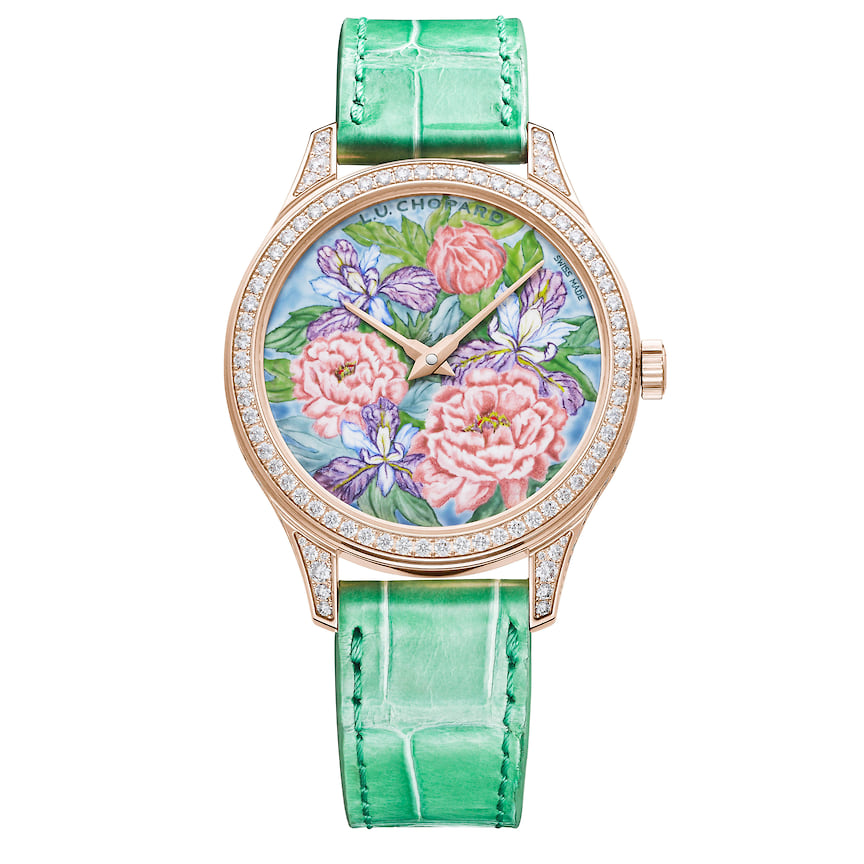 Chopard, часы L.U.C Esprit de Fleurier Peony, 35 мм, розовое золото, бриллианты, роспись в технике горячей эмали, механизм с автоматическим подзаводом