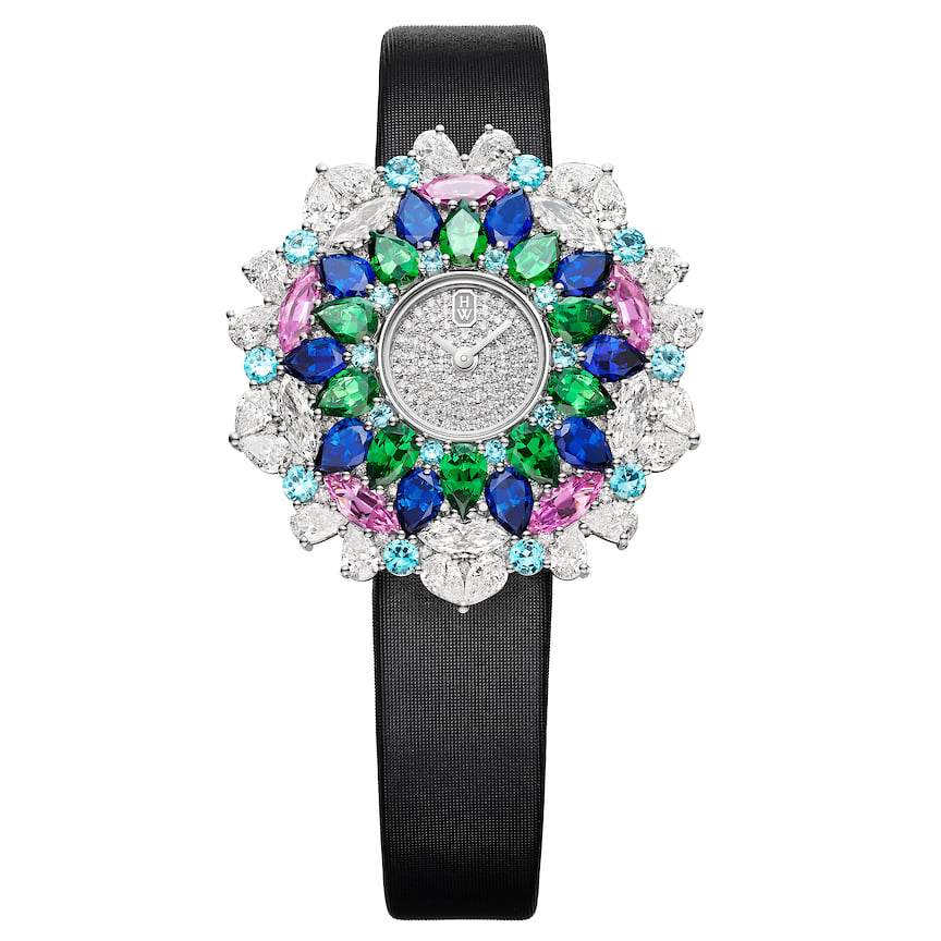 Harry Winston, часы часы Winston Kaleidoscope, 36 мм, платина, цавориты, синие, желтые и розовые сапфиры, аквамарины, спессартины, рубины, кварцевый механизм