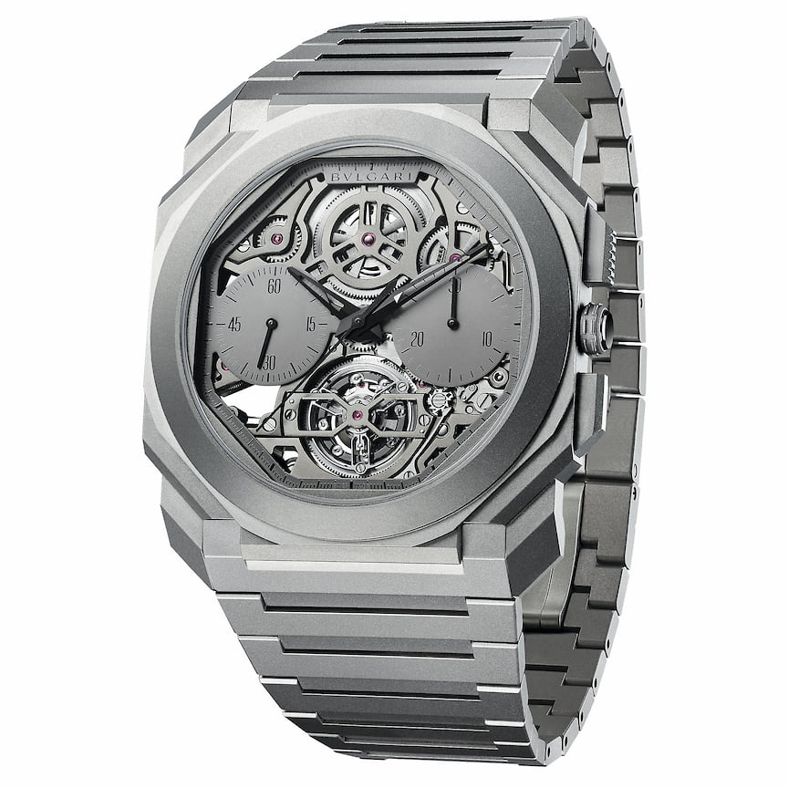 Bvlgari, часы Octo Finissimo Tourbillon Chronograph Skeleton Automatic, 42 мм, титан, механизм с автоматическим подзаводом, запас хода 52 часа, водойстойкость 30 м