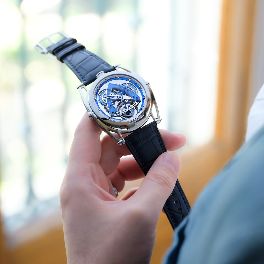 De Bethune, часы DB28 Steel Wheels Sapphire Tourbillon, 43 мм, титан, механизм с ручным подзаводом, запас хода 5 дней, водойстокость 30 м