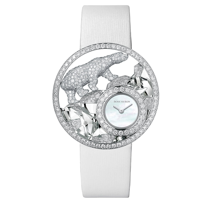 Boucheron, часы Ajouree Arctique L’Ours Polaire, белое золото, горный хрусталь, сапфиры, перламутр, бриллианты