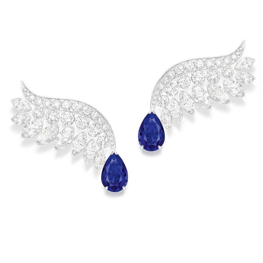 Piaget, серьги Wings of Light, белое золото, сапфиры, бриллианты