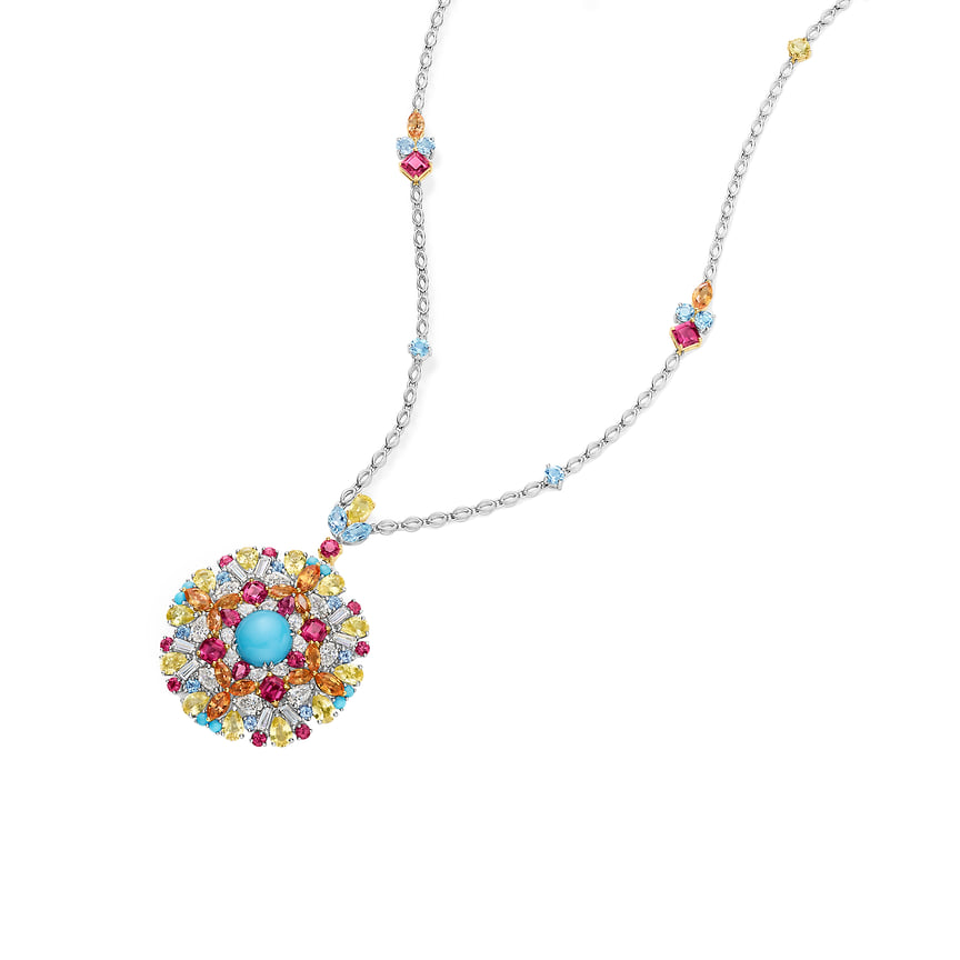 Harry Winston, подвеска Kaleidoscope, платина, бриллианты, аквамарины, рубеллиты, бирюза, желтые сапфиры, оранжевые гранаты