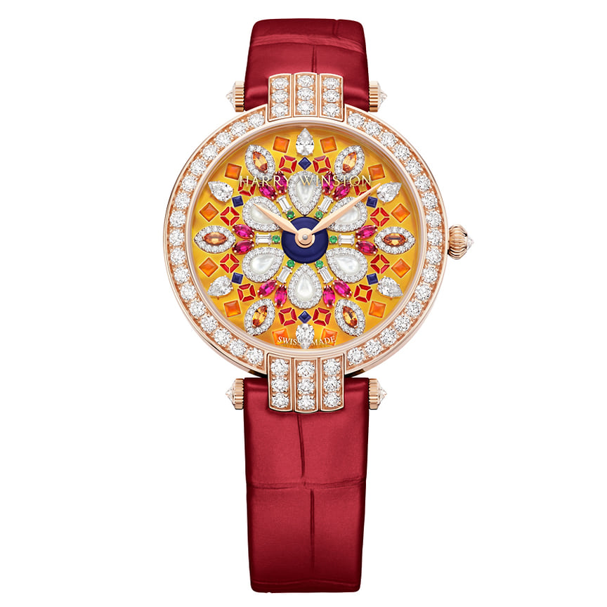 Harry Winston, часы Premier Precious Kaleidoscope, 36 мм, розовое золото, сердолик, перламутр, цитрины, рубины, цавориты, спессартины, бриллианты, механизм с автоматическим подзаводом