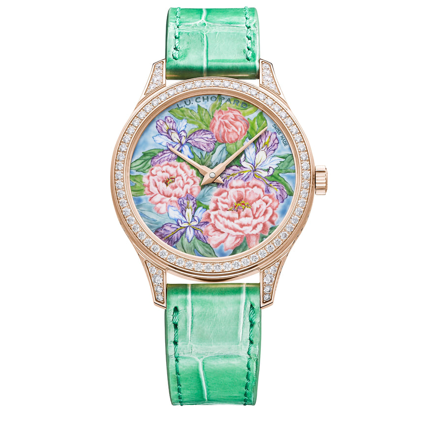 Chopard, часы L.U.C Esprit de Fleurier Peony, 35 мм, розовое золото, бриллианты, эмаль, механизм с автоматическим подзаводом