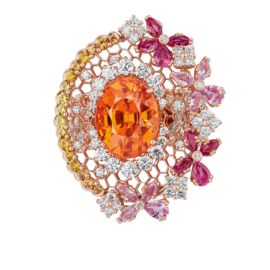 Dior Joaillerie, кольцо DiorDiorDior, розовое золото, спессартины, розовые и оранжевые сапфиры