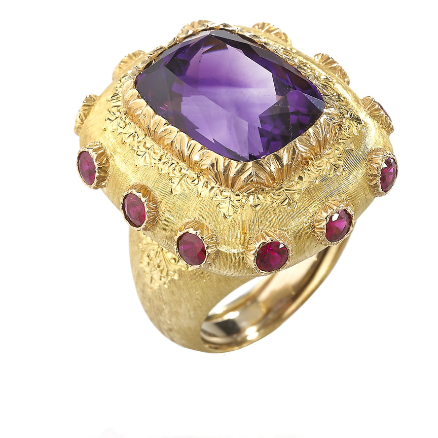 Buccellati, кольцо, желтое золото, аметист, рубины