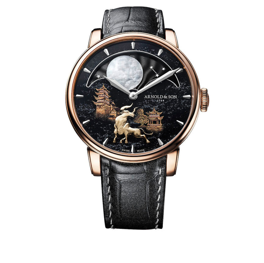 Arnold &amp; Son, часы Perpetual Moon Year of the Ox, 42 мм, розовое и желтое золото, гематит, перламутр, механизм с ручным подзаводом, ограниченная серия 8 штук