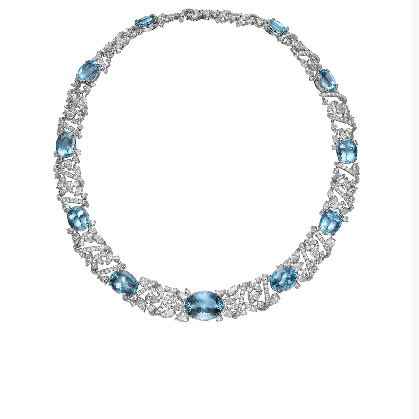 Mikimoto, колье Parure, платина, белое золото, аквамарины, бриллианты