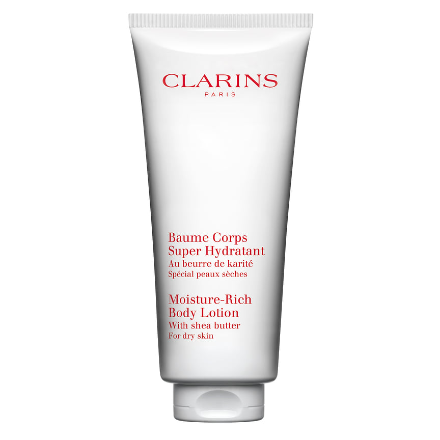 Clarins, увлажняющий бальзам для тела Baume Corps Super Hydratant с маслом карите, экстрактом овса и маслом косточек малины.