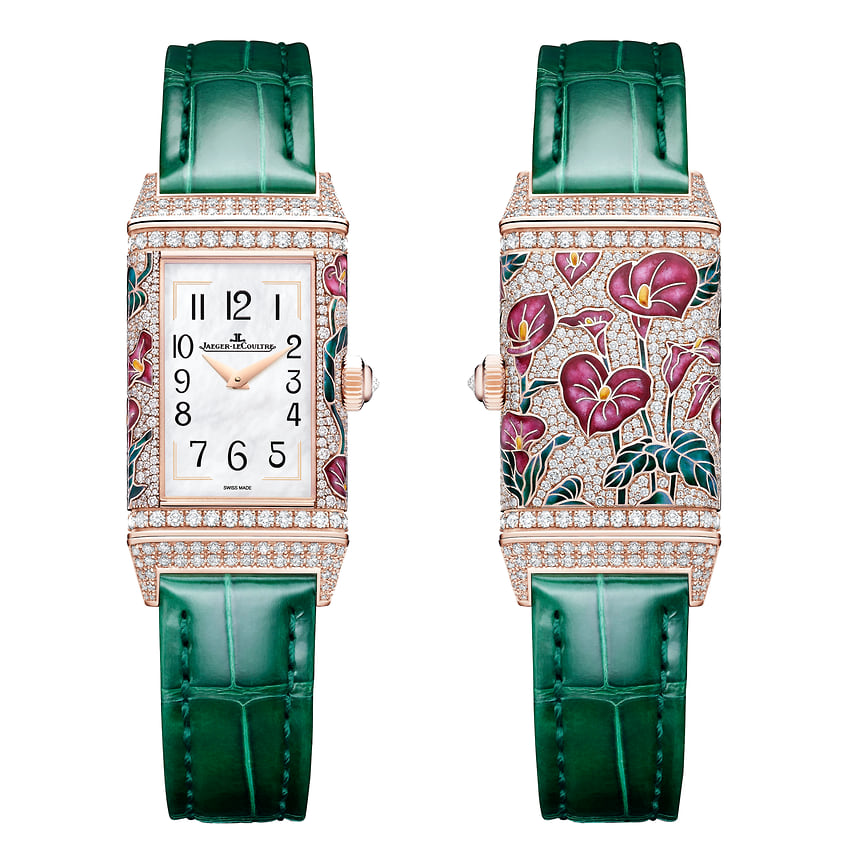 Jaeger-LeCoultre, часы Reverso One Precious Flowers Purple Arums, 40 x 20 мм, розовое золото, бриллианты, эмаль, механизм с ручным подзаводом