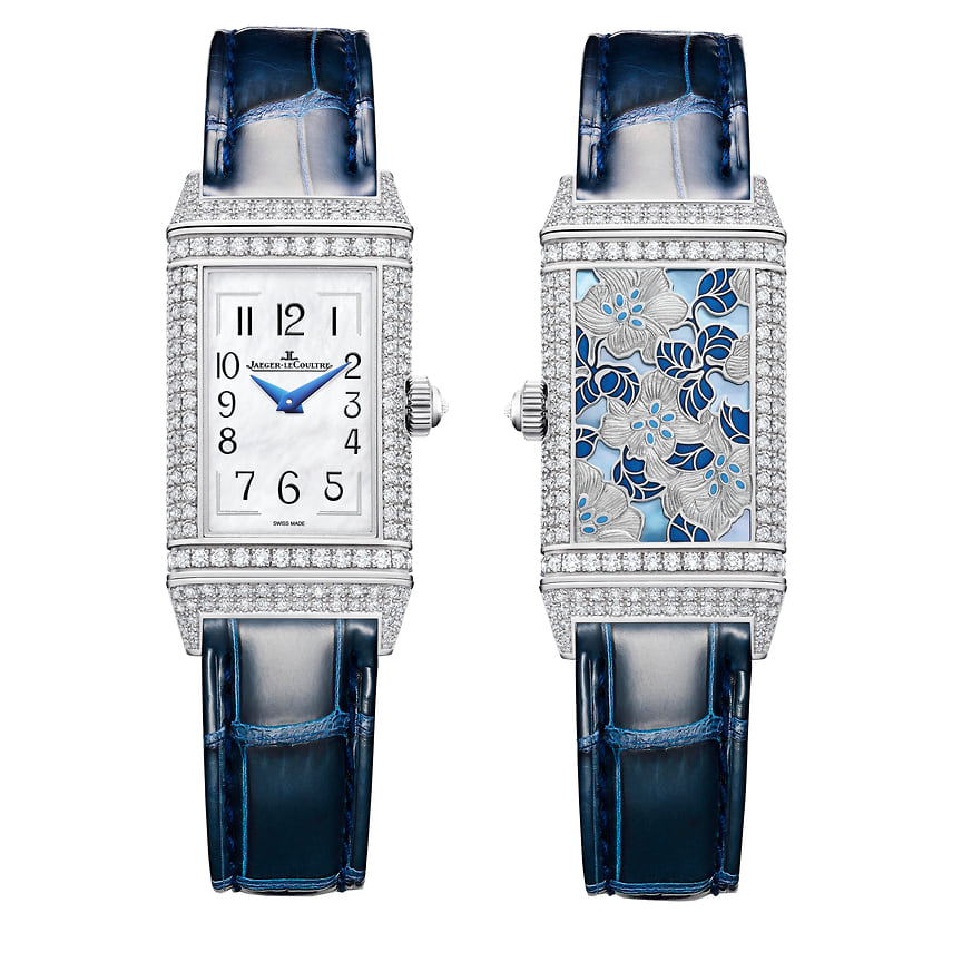 Jaeger-LeCoultre, часы Reverso One Precious Flowers White Lilies, 40 x 20 мм, белое золото, бриллианты, эмаль, механизм с ручным подзаводом