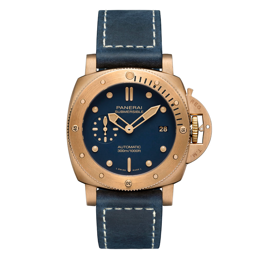 Panerai, часы Submersible Bronzo Blu Abisso, 42 мм, бронза, механизм с автоматическим подзаводом