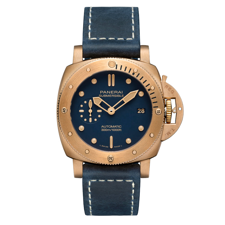 Panerai, часы Submersible Bronzo Blu Abisso, 42 мм, бронза, механизм с автоматическим подзаводом, водонепроницаемость 300 м