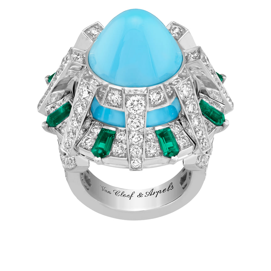 Van Cleef & Arpels, кольцо Temple, белое золото, бирюза, изумруды, бриллианты