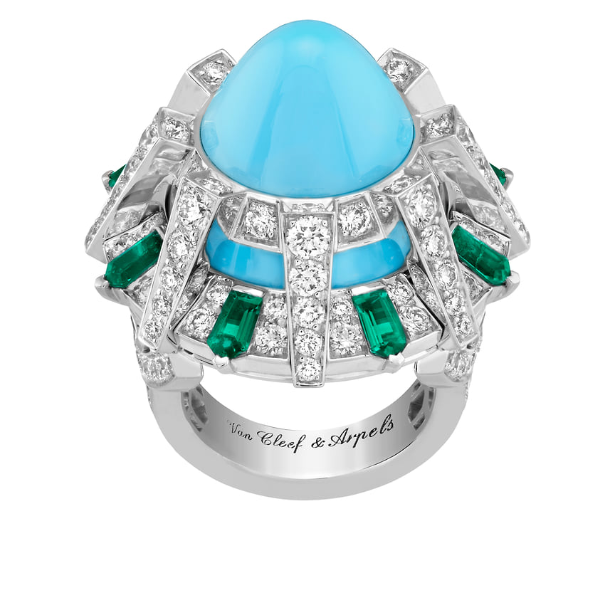 Van Cleef &amp; Arpels, кольцо Temple, белое золото, бирюза, изумруды, бриллианты