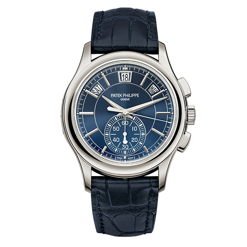 Patek Philippe Complications Ref. 5905P-001, платина, диаметр 41 мм, ремешок из блестящей темно-синей кожи аллигатора