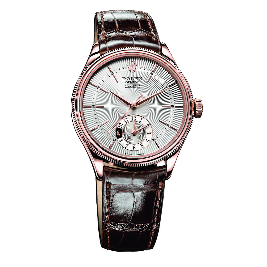 Rolex Cellini Dual Time, розовое золото Everose, диаметр 39 мм, ремешок из кожи аллигатора табачного цвета