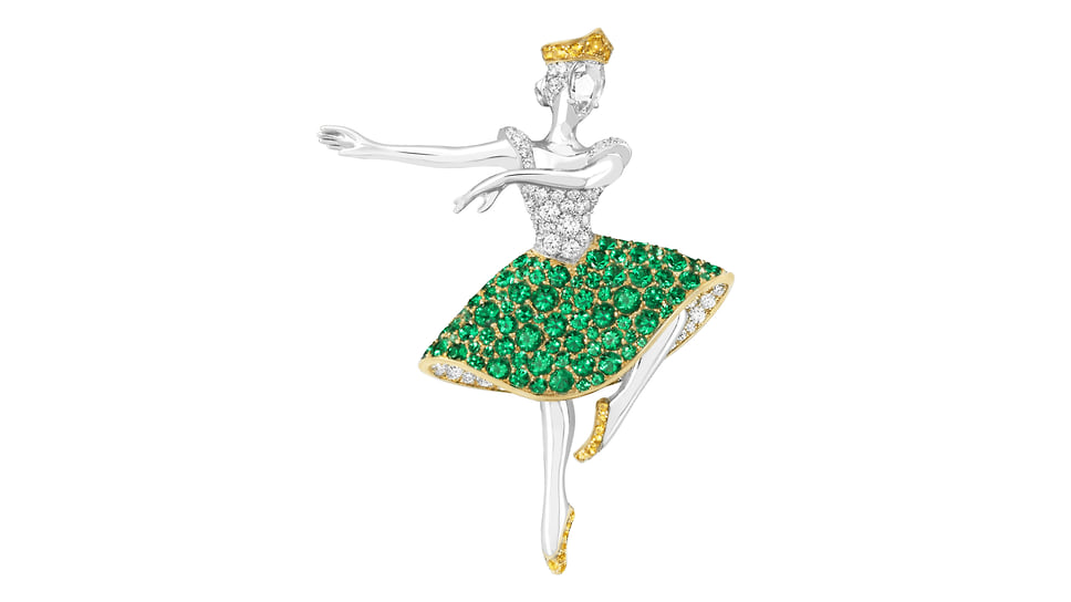 Van Cleef &amp; Arpels, брошь Camille, белое и желтое золото, изумруды, сапфиры, бриллианты