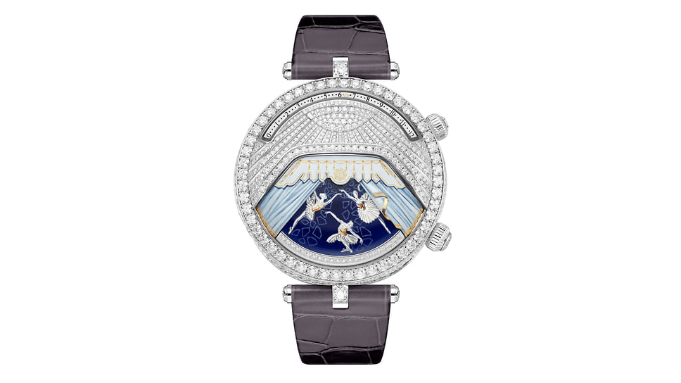 Van Cleef &amp; Arpels, часы Lady Arpels Ballerine Musicale Diamant, 44,5 мм, белое золото, бриллианты, механизм с ручным подзаводом