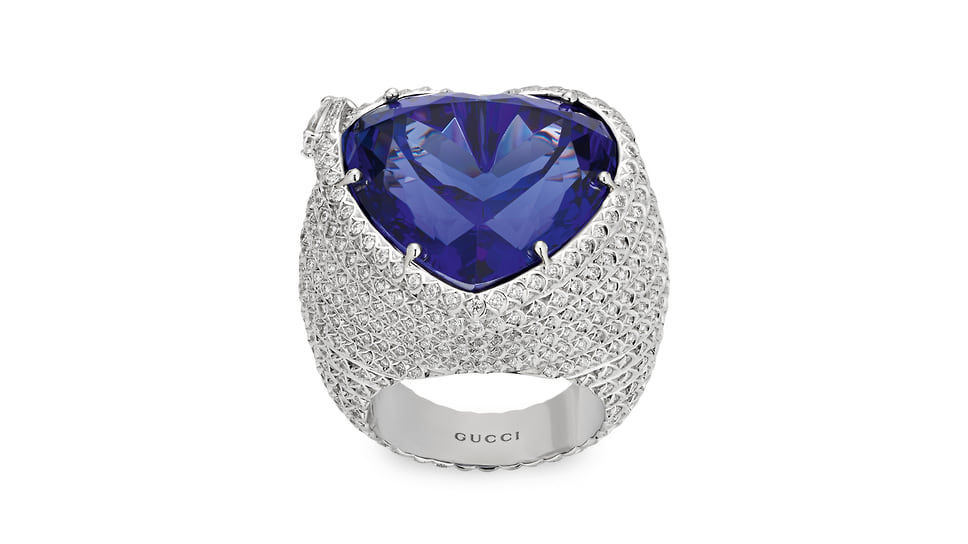 Gucci, кольцо Ouroboros, белое золото, танзанит, бриллианты
