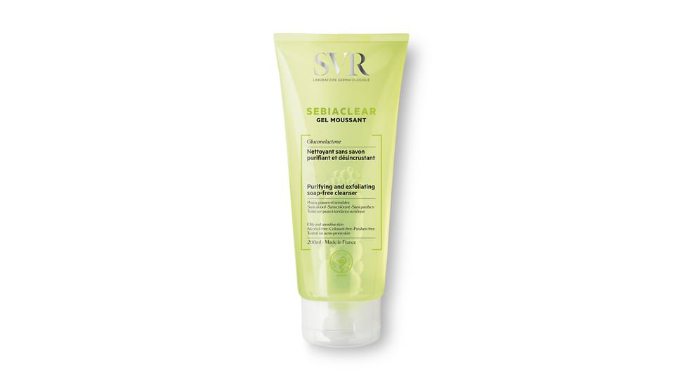 SVR, пенящийся мусс Sebiaclear для очищения кожи с противовоспалительным действием; содержит аминокислоты, без спирта и парабенов.