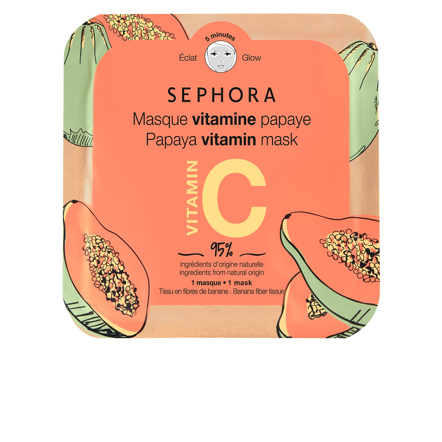 Sephora, тканевая маска для лица Papaya Vitamin Mask, придающая сияние коже.