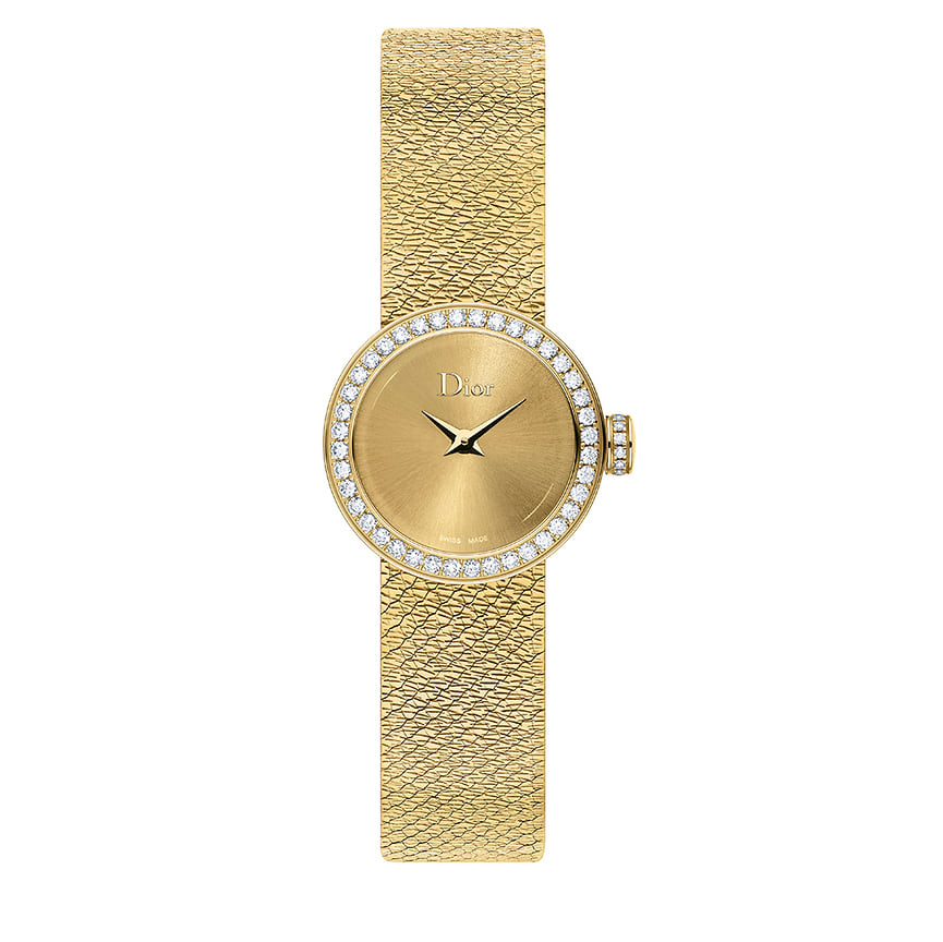 Dior Watches, часы La Mini D de Dior Satine, 19 мм, желтое золото, бриллианты, кварцевый механизм