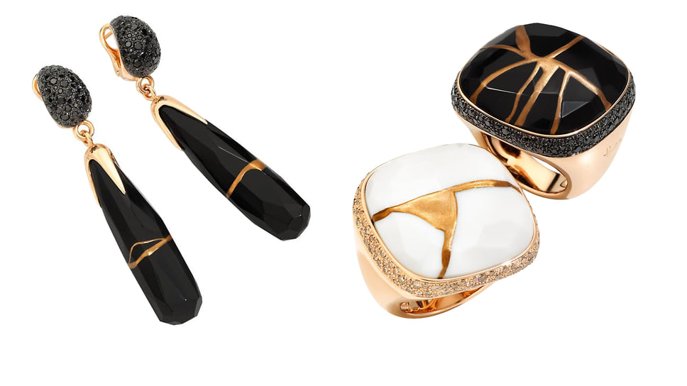 Pomellato, серьги и кольца Kintsugi, розовое золото, агат, кохолонг, черные бриллианты
