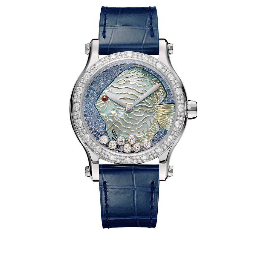 Chopard, часы Happy Fish, 36 мм, белое золото, перламутр, сапфиры, бриллианты, механизм с автоматическим подзаводом
