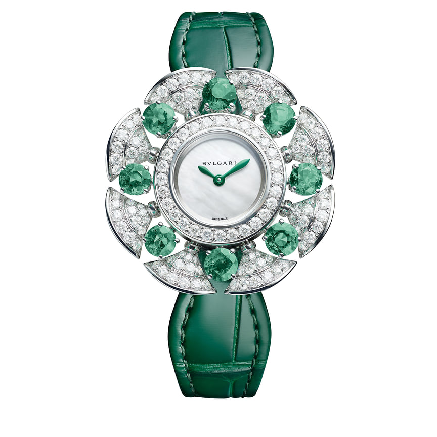 Bvlgari, часы Divas’ Dream Divissima Emeralds, 33 мм, белое золото, изумруды, бриллианты, кварцевый механизм