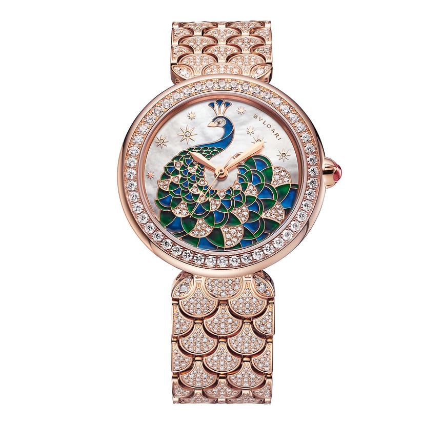 Bvlgari, часы Divas’ Dream Peacock Diamonds, 37 мм, розовое золото, бриллианты, мануфактурный механизм с автоматическим подзаводом