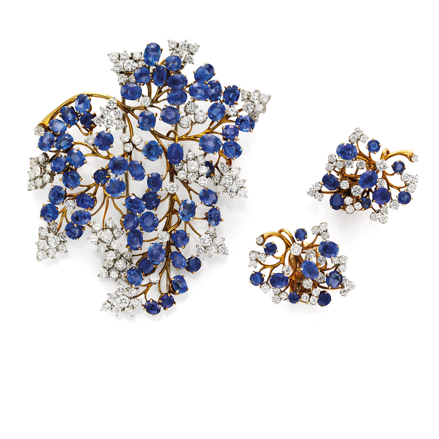 Van Cleef &amp; Arpels, брошь и серьги Fern, платина, желтое золото, сапфиры, бриллианты, 1947 год