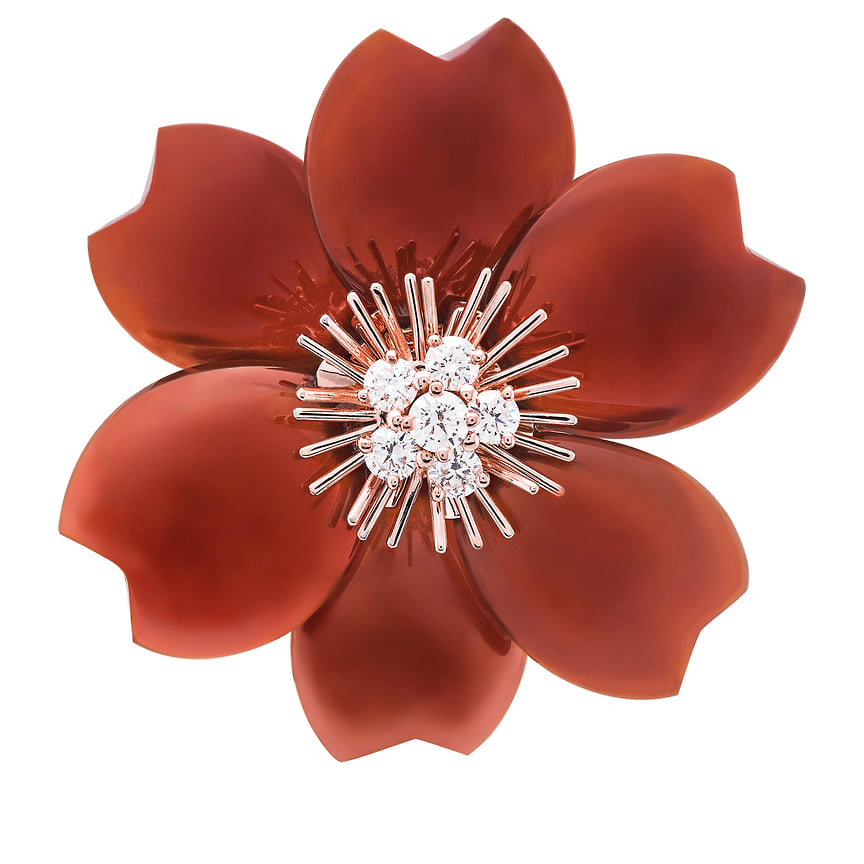 Van Cleef &amp; Arpels, брошь Rose de Noel, розовое золото, сердолик, бриллианты