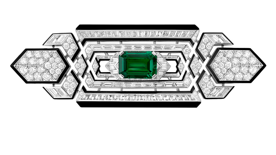 Boucheron, брошь Art Deco, белое золото, изумруд, оникс, бриллианты