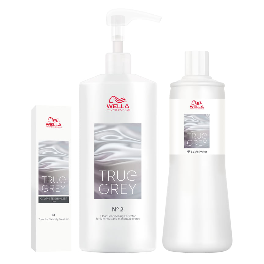 Wella Professionals, линия ухода за натуральными седыми волосами True Grey: без отдушек и аммиака, с окислительными серыми пигментами, которые вымываются без изменения цвета.