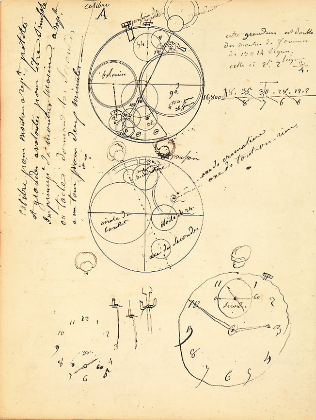 Чертежи карманных часов, сделанные Абрахамом-Луи Бреге