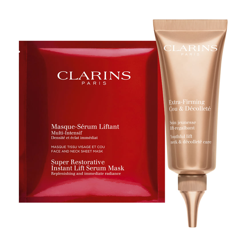 Clarins, регенерирующий омолаживающий крем для шеи и декольте Extra-Firming и восстанавливающая тканевая маска для лица и шеи с эффектом лифтинга Multi-Intensif – Super Restorative