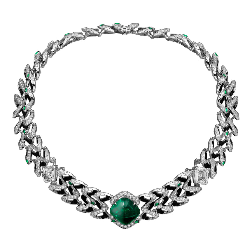 Cartier, колье Victorienne, белое золото, изумруды, черный лак, бриллианты