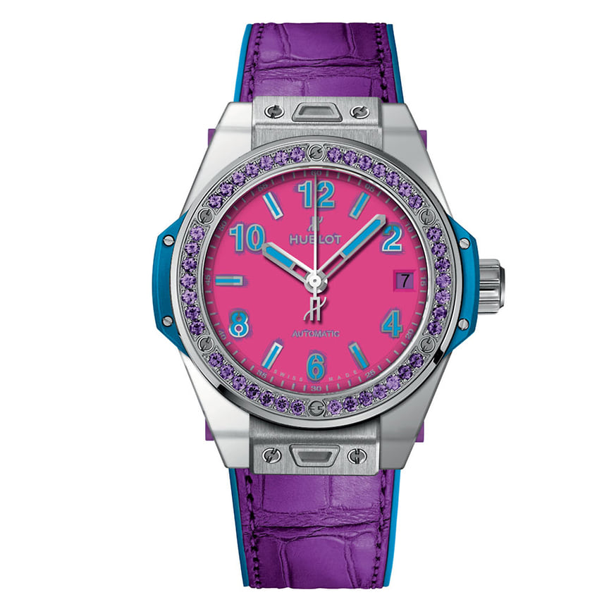 Часы Hublot Big Bang One Click Pop Art Steel Purple, автоматический механизм, корпус 39 мм из стали, аметисты, лимитированная 200 экземплярами серия, 1 971 000 руб.