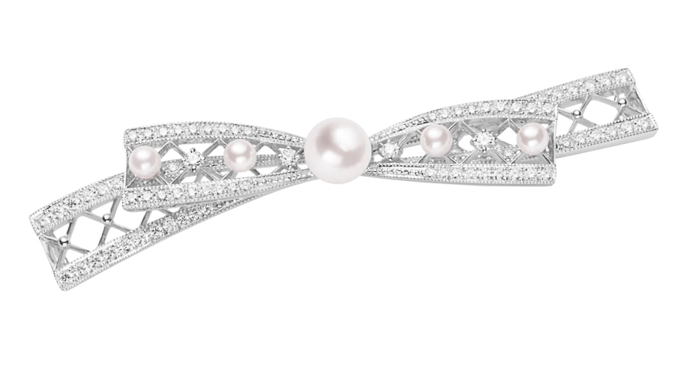 Mikimoto, брошь, белое золото, жемчуг, бриллианты