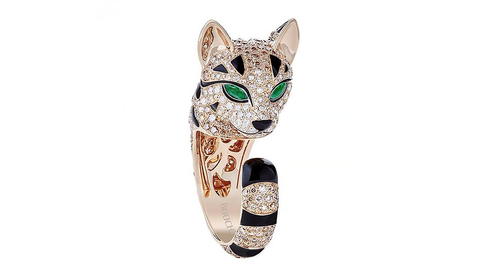 Boucheron, кольцо Fuzzy the Leopard, розовое золото, бриллианты, оникс, изумруды