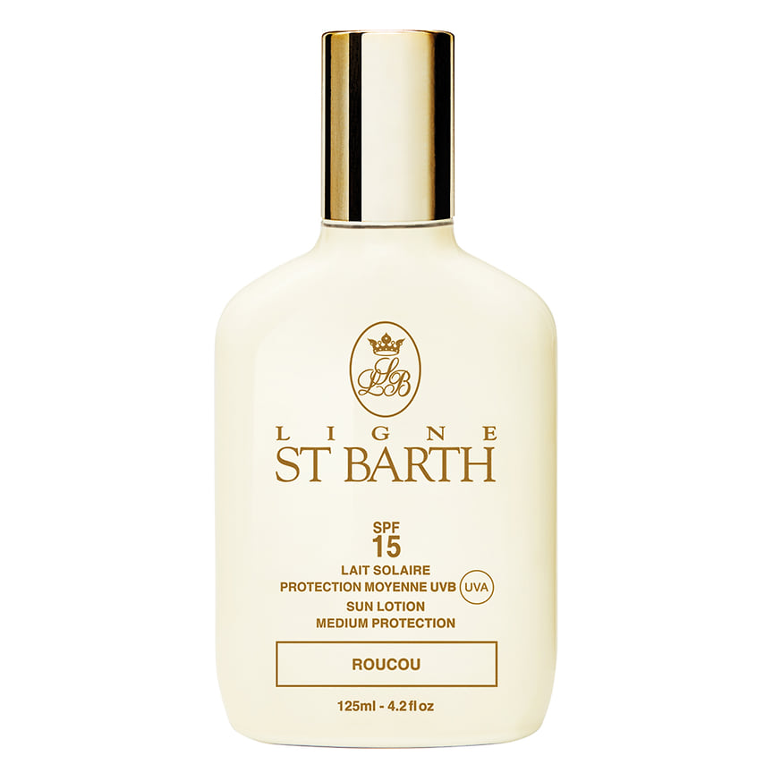 St Barth, солнцезащитный лосьон для тела с фактором защиты SPF15. В его составе - масло помадного дерева, календулы, экстракт зеленого чая и вода Карибского моря; подходит для чувствительной кожи.