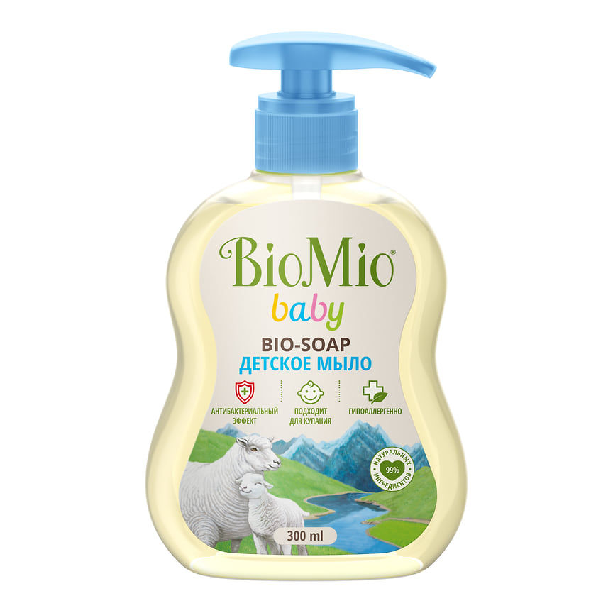 Детское жидкое мыло BIOMIO BIO-SOAP BABY: содержит 99 % ингредиентов натурального происхождения и подходит для купания детей с первых дней жизни. В составе: биотики нового поколения, экстракт хлопка, комплекс из ионов серебра и бисаболола. Не содержит парабены, синтетические ПАВ, триклозан, ЭДТА, красители и отдушки.