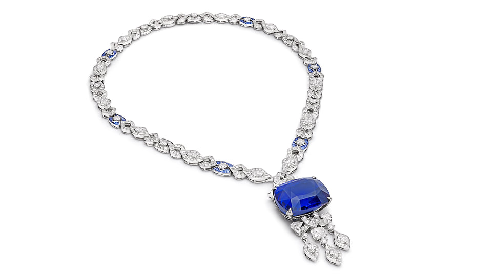 Bulgari, колье Mediterranean Reverie, платина, центральный сапфир (107,15 карат), сапфиры, бриллианты