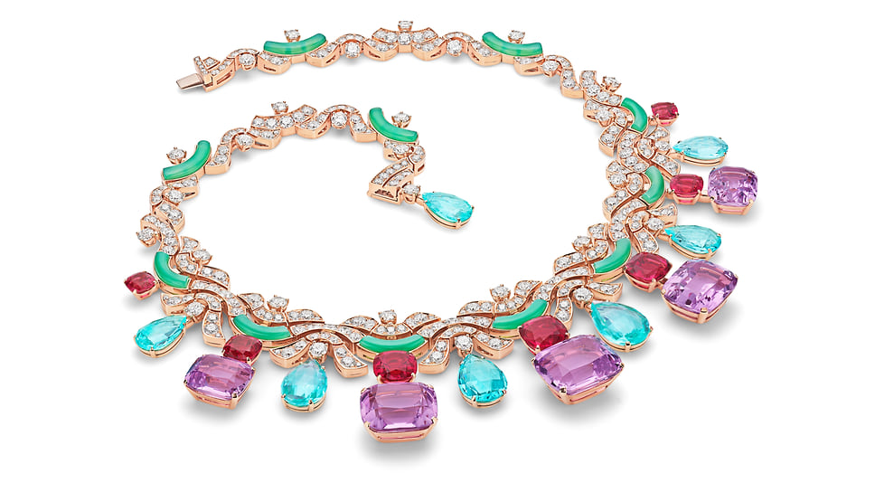 Bulgari, колье Color Fantasia, розовое золото, кунциты, турмалины параиба, рубеллиты, хризопразы