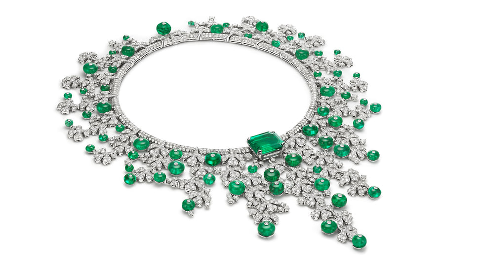 Bulgari, колье Emerald Venus, платина, центральный изумруд (20 карат), изумруды, бриллианты