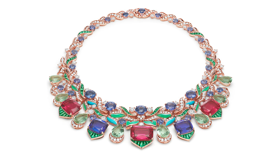 Bulgari, колье Flower Extravaganza, розовое золото, бирюза, хризопразы, рубеллиты, танзаницы, аквамарины, изумруды, бриллианты